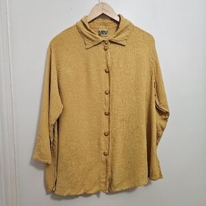 URU Yellow Silk Button Down Shirt Blouse L/XL*